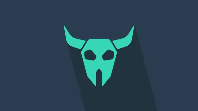 Turquoise Buffalo skull icon isolated on blue background. 4K Video motion graphic animation.