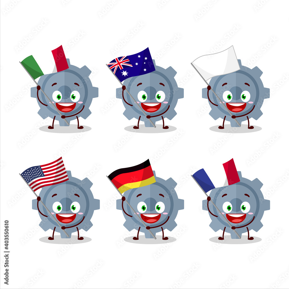 Poster Gear cartoon character bring the flags of various countries