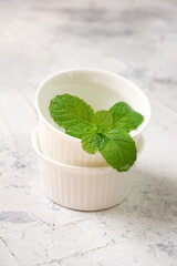 Grainy texture of Mint leaves in small enamel white bowl. Selective focus, texture gray background