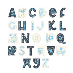 Hand drawn latin alphabet in scandinavian style. Folk art font with flower and leaves ornament. For typography poster, card, label, banner design.
