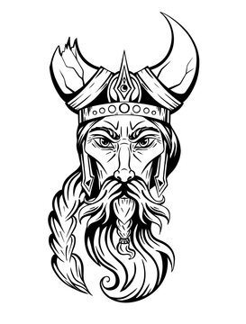 Vector sketch portrait of an ancient viking in a horned helmet. The head of a barbarian warrior with a beard and braid. Ink element for tattoo. Hand-drawn illustration for postcards.