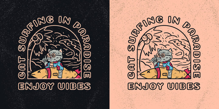 cute retro surfing cat in paradise illustration