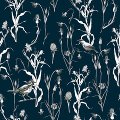 Illustration, pencil. A pattern of leaves and branches of plants, birds. Freehand drawing of flowers on a blue background.