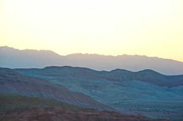 Almaty, Kazakhstan - 06.25.2013 : Sand and stony hills with rocks of different colors in the Altyn Emel Nature Reserve