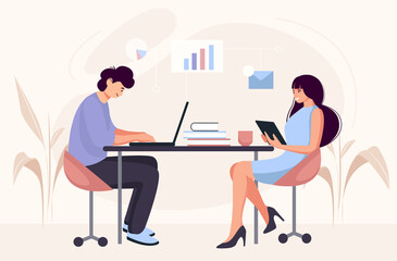 people work at the table at the computer. guy and girl in the office. business concept. vector illustration in flat cartoon style