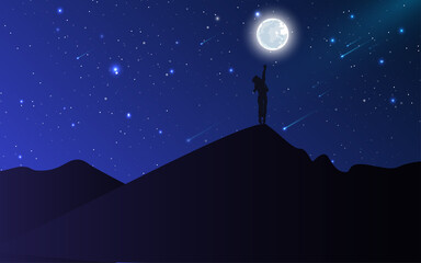 illustration of a child reaching for a star on a hill at night