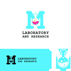 glass tube chemistry on initial letter M for laboratory and research logo concept
