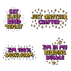 Colorful vector doodle lettering set for book lovers and readers. Books, tea, bubble, bookworm. Vector template for card, postcard, banner, poster, sticker and social media