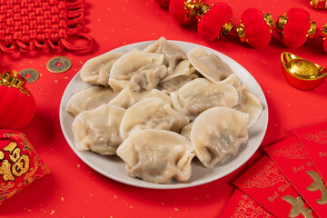 Chinese New Year dumpling background.Blessing and treasure.