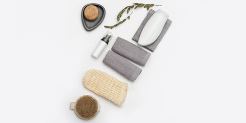Spa setting for body care and beauty treatment on white background. Soap, cotton towel,  washcloth...