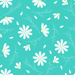 Fototapeta na wymiar Floral pattern. White chamomile and daisies. Seamless pattern on a green background. For textiles, design and decoration. Vector illustration, flat style.