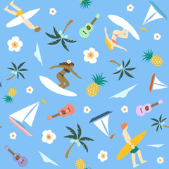 the hidden Hawaii surfing girls and boys seamless pattern for surface design, wallpaper, gift wrap, wrapping paper, ukulele, tropical theme, sail boats, pineapple, coconut trees, palm trees, beach