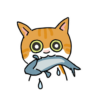 Brown tabby cat eating fish hand writing vector cartoon illustration
