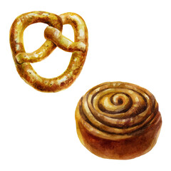 Watercolor illustration, bun set. Rich pastries. Cinnamon bun. Sesame pretzel.