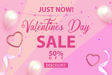 Valentine's Day sale promo banner. Vector illustration with, light garland, gold hearts and confetti on red background. Promo discount banner