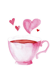 Watercolor hand painted a cup of tea with hearts. Romantic illustration for Valentine's day, wedding, decor, greeting cards