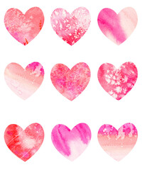 Watercolor hand painted background with set of pink hearts isolated on white color. Great for Valentine's day, wedding, baby shower, party, greeting cards
