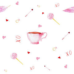Seamless watercolor romantic pattern with pink elements: hearts, arrows, cup, lolly pop, ring, xo, feathers for valentine's day, wedding decor.