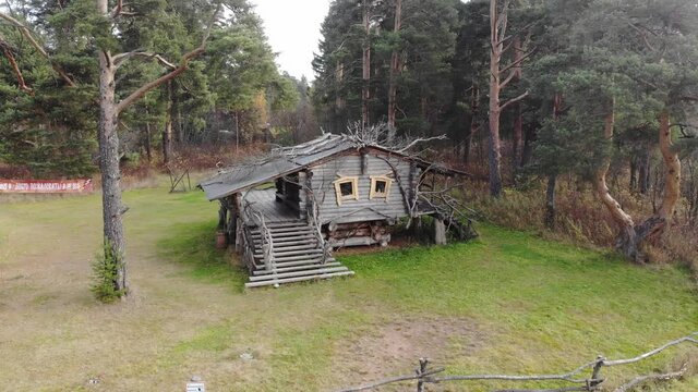 Aerial view of the Vyatka Kikimora hut in autumn (Kirov, Russia)
