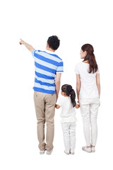 Young family with little girl holding hands together of rear view 