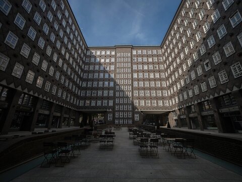 Inner courtyard facade of historical building Sprinkenhof Brick expressionist architecture Kontorhaus Hamburg Germany