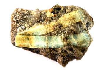 Beryl mineral of aquamarine type on white background. Found in Russia.