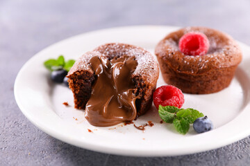 chocolate fondant and fresh raspberries