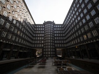 Inner courtyard facade of historical building Sprinkenhof Brick expressionist architecture...