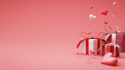 Giftbox with ribbon and heart on right side of pink background valentine concept with copy space 3D illustration