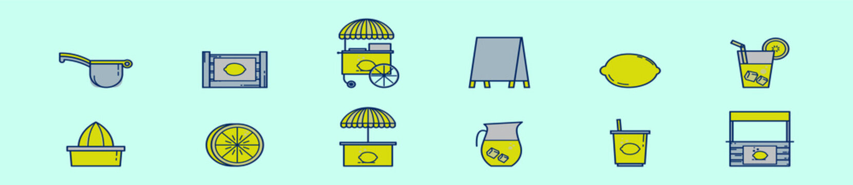 Set Of Lemonade Stand Cartoon Icon Design Template With Various Models. Vector Illustration Isolated On Blue Background