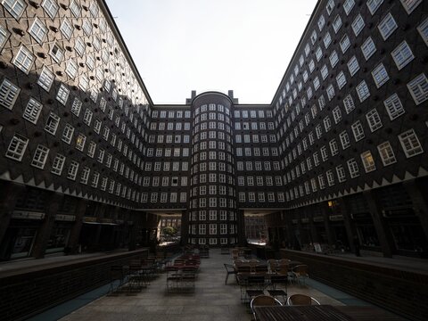 Inner courtyard facade of historical building Sprinkenhof Brick expressionist architecture Kontorhaus Hamburg Germany