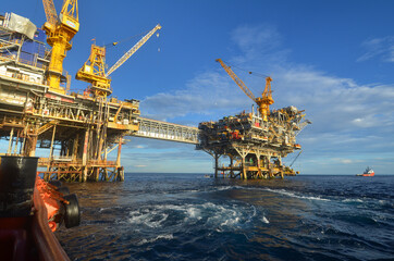 Offshore platforms Marlin A and B in Bass Strait Victoria Australia, seen from a workboat.