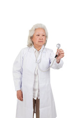 Standing portrait of elderly senior female doctor