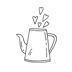 Coffee pot filled with hearts. Vector hand-drawn doodle illustration. Valentine's Day card for February 14. Valentine's Day. Love. Romance. Black and white outline. Coloring. 