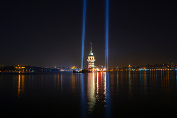 Istanbul Maiden's Tower, night and moon, opposite Sultanahmet mosque and Hagia Sophia