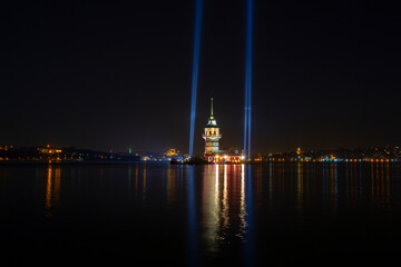 Istanbul Maiden's Tower, night and moon, opposite Sultanahmet mosque and Hagia Sophia