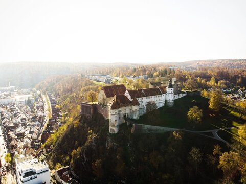 Aerial panorama of medieval Schloss Hellenstein castle in Heidenheim an der Brenz Baden-Wuerttemberg Germany Europe