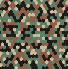 Hexagon Forest Camouflage seamless patterns. Leaf cyber camo. Vector Illustration.