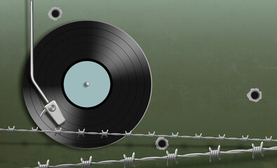 Vinyl record disc behind barbed wire and bullet holes