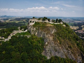 Aerial panorama of Hegau volcano mountain Hohentwiel fortress medieval hill castle ruins Singen...