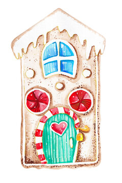Watercolor illustration of gingerbread house with glaze, sweets and garlands. Gingerbread house. 
