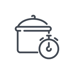 Cooking time line icon. Kitchen pot with timer vector outline sign.