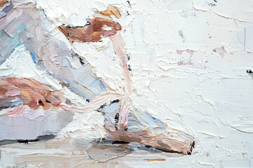 A fragment of the picture, where.a young ballerina in light tutus prepares for performances. The background is white. Oil painting on canvas.. - obrazy, fototapety, plakaty