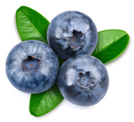 Blueberry isolated on white background. Blueberry half macro studio photo. Blueberry with leaves. With clipping path