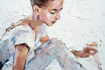.A young ballerina in light tutus prepares for performances. The background is white. Oil painting on canvas.