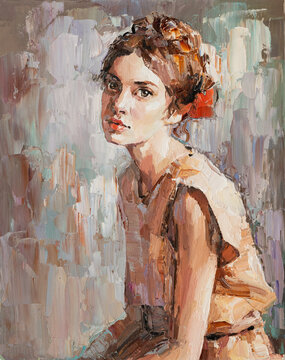 Portrait of a young, dreamy girl with curly brown hair on a mysterious abstract background. She looks very mystical and thoughtful. Palette knife technique of oil painting and brush.