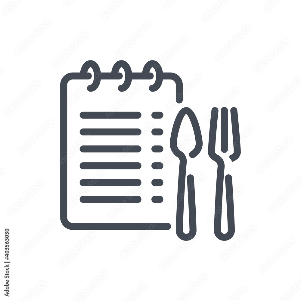 Aufkleber recipe of dish and list of ingredients line icon. notebook with spoon and fork vector outline sign.