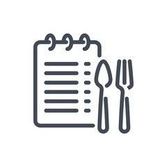 Recipe of dish and List of ingredients line icon. Notebook with spoon and fork vector outline sign.