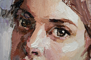 Young woman with beautiful mysterious brown eyes. Textured art. Fragment of oil painting.