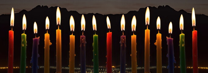 Panoramic image with burning candles and night blurred electric lights of a city beneath mountains....